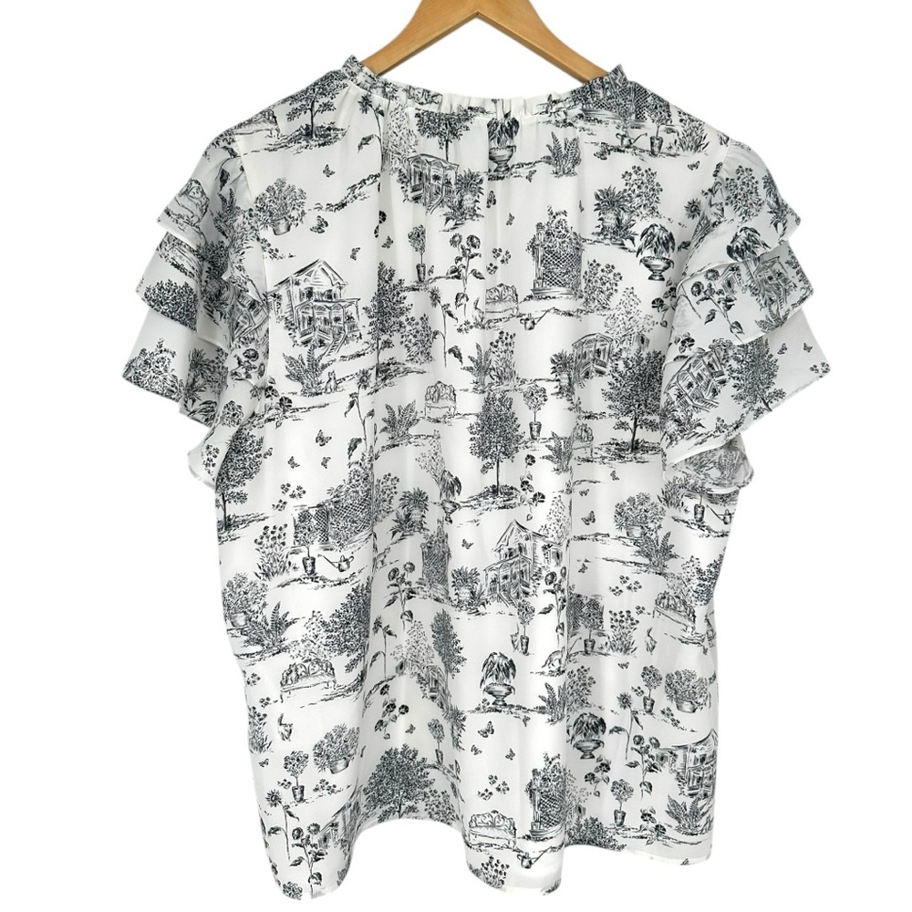 Sugarlips Renzo Toile Ruffle Blouse Short Flutter Sleeves size 2X Keyhole V Neck - Picture 8 of 11